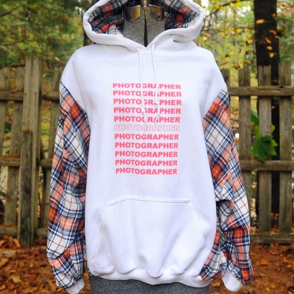 PHOTOGRAPHER Preme Upcycled Reconstructed Hoodie Sweatshirt XL Plaid Sleeves - Picture 10 of 10
